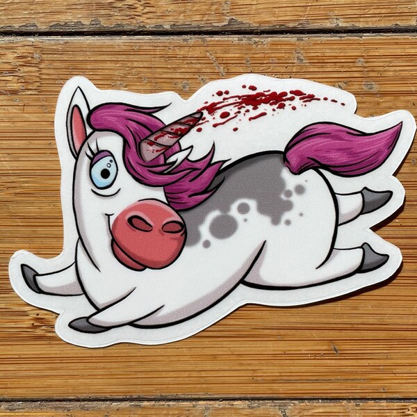 Unicorn sticker 3" vinyl decal, bloody horn unicorn stabbing unicorn horse fun cartoon gift for girls, unusual cartoon character pink grey