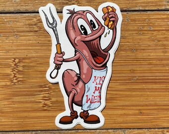 Hot Dog Sticker, 3.75 inch tall vinyl sticker, wiener grill out cookout summer fun sticker for dad, funny fun cartoon sticker great gift
