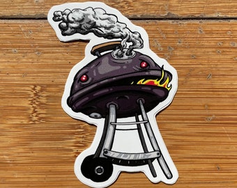 Grill man Vinyl sticker, 3.5" decal, grill dad fire and smoke, gift for dad man things, charcoal grill weber kettle grill cartoon character