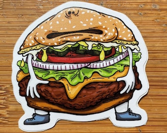 Burger Boy Sticker, 3" vinyl decal, cheeseburger and toppings fat belly greasy food art sticker water bottle laptop fast food cheese buns