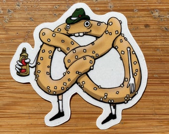 Pretzel man sticker 3" wide vinyl food art decal, fun original cartoon character snack german food oktoberfest water bottle laptop decor