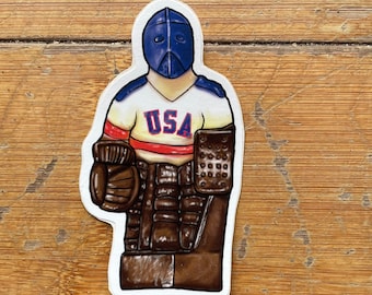 USA bubble hockey goalie vinyl sticker, 3.75" tall decal hockey player toy arcade hockey machine, vintage goalie mask miracle on ice player