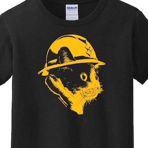 Pittsburgh Football Hard Hat Cat Shirt, tee featuring illustration of steel and steeler cat wearing a hard hat great gift for sports fans