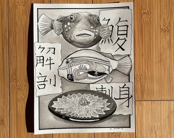 Blowfish warning poster, fugu 8.5" x 11" original art drawing, puffer fish butchering and sashimi chart, ink and wash japanese food art