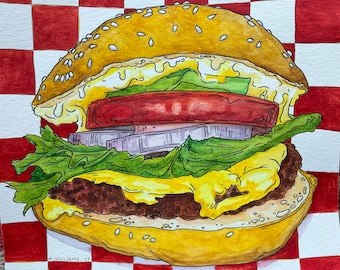 Cheeseburger Drawing, 8" x 8" original ink and watercolor drawing and painting, food fast fun art gift for foodie, chef, cook, burger lover