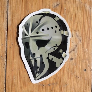 Hockey goalie mask sticker, vintage hockey goalie mask decal, Denis Lemieux, 70s  slap shot movie skull and cross bones mask, vinyl 3 inch