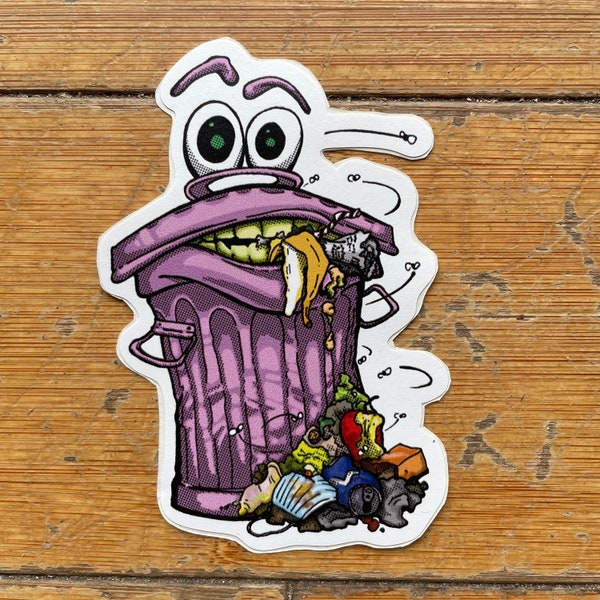 Garbage Can Sticker 3.75" vinyl decal, trash can man, happy eating garbage fun cartoon character illustration, cool great weird gift, laptop