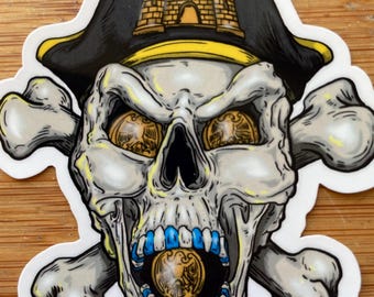 Pegatina Jolly Roger de los Piratas de Pittsburgh: Calavera con sello de la ciudad, arte de aficionado al béisbol