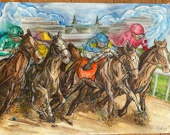 Kentucky Derby Horse Race Painting, 11" x 15" original watercolor and ink painting of jockeys and horses and race action hats roses run fun
