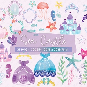Aquarel zeekasteel clipart-prinses-kasteel-crowd- Sealife-digitale download-sticker-scrapbooking-planner benodigdheden-commercieel gebruik