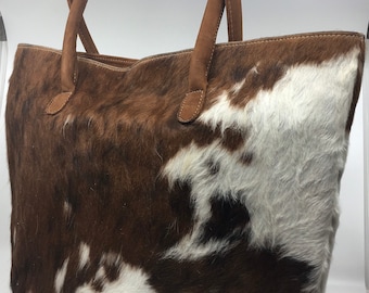 Cowhide Tote Bags - Patch Brown and White