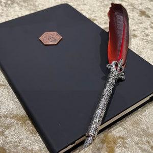 May include: A black leather-bound journal with a copper-colored hexagonal emblem on the front cover. A silver quill pen with a red feather is resting on the journal.