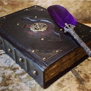 May include: A black leather-bound journal with metal accents and a decorative metal clasp. A purple feather quill pen is resting on top of the journal.