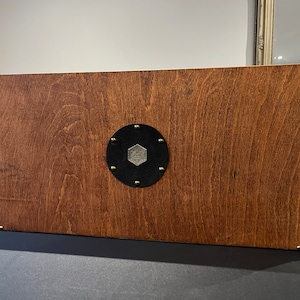 Può includere: Una scatola di legno con una toppa in pelle nera che presenta un dado D20 argentato al centro. La scatola ha dettagli in ottone agli angoli ed è chiusa.