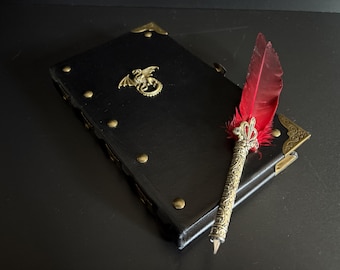 May include: A black leather-bound journal with brass corner protectors and a dragon emblem. A red feather quill pen with a decorative gold-colored metal handle rests on the journal, creating a fantasy theme.
