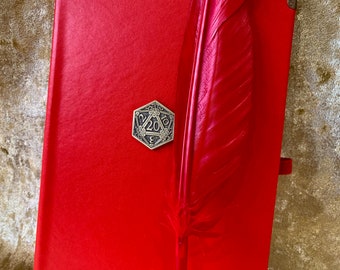 Journal D20 Red Notebook and Feather Pen | Journal for Dungeons and Dragons | Pathfinder | RPG | Vegan Leather