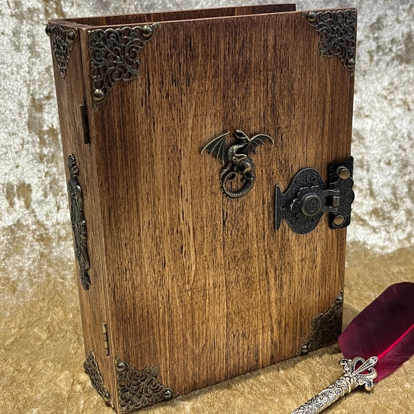 Dungeons & Dragons RPG Beautiful Wax wood Book Box with bronze embellishments. Vegan Christmas gifts