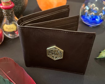 Gold D20 Brown Wallet | DnD Gift | DM Gift | Dungeons and Dragons | Pathfinder | RPG | Coin Pouch