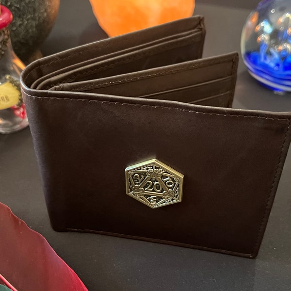 Gold D20 Brown Wallet | DnD Gift | DM Gift | Dungeons and Dragons | Pathfinder | RPG | Coin Pouch