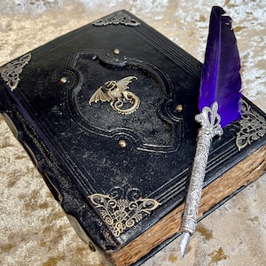 May include: A black leather-bound journal with ornate gold metal accents and a dragon design. A purple feather quill pen with a silver handle rests on top of the journal.