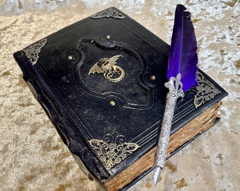 May include: A black leather-bound journal with ornate gold metal accents and a dragon design. A purple feather quill pen with a silver handle rests on top of the journal.