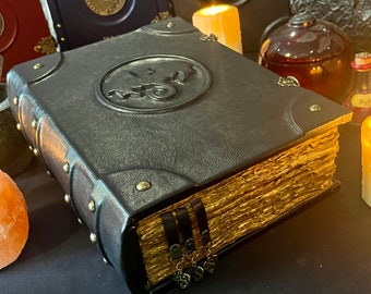 Dragon Black Leather Notebook  |  Tome  |  Grimoire  |  Spell Book - A4 LARGE  |  Fantasy DnD  |  Witchcraft  |  blank Deckled Parchment