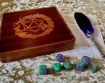 D20 Dice Box, Dice Vault, Dice Tray and Holder for Dungeons and Dragons. DM Gift for DnD & Pathfinder. Solid Dark Wood Magnetic Close