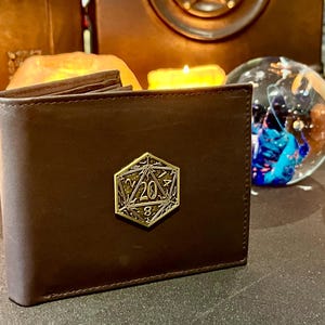Cartera unisex / Cuero marrón / NUEVA moneda D20 / Estuche / Regalo DnD / Mazmorras y dragones / RFID