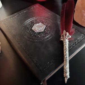 May include: A dark grey leather-bound journal with an embossed design and a silver D20 emblem. A decorative silver pen with a red feather rests on the journal. The scene is illuminated by soft lighting, suggesting a fantasy or role-playing theme.