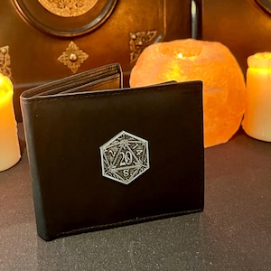 Cartera unisex / Cuero negro / NUEVA moneda D20 / Estuche / Regalo DnD / Mazmorras y dragones / RFID