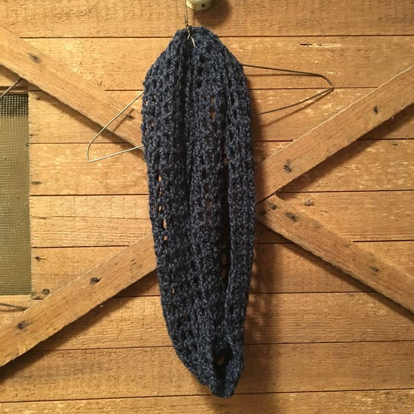 Blue and Navy, Cowl, Infinity, Crocheted Scarf; Eternity Scarf; Boxed Stitch Scarf