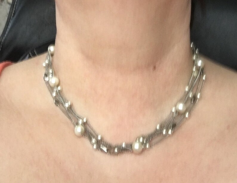 Gift or keep for yourself! Multi-Strand Silver Tone Necklace with faux Pearl and Silver Toned Beads Pearls are big for spring and summer