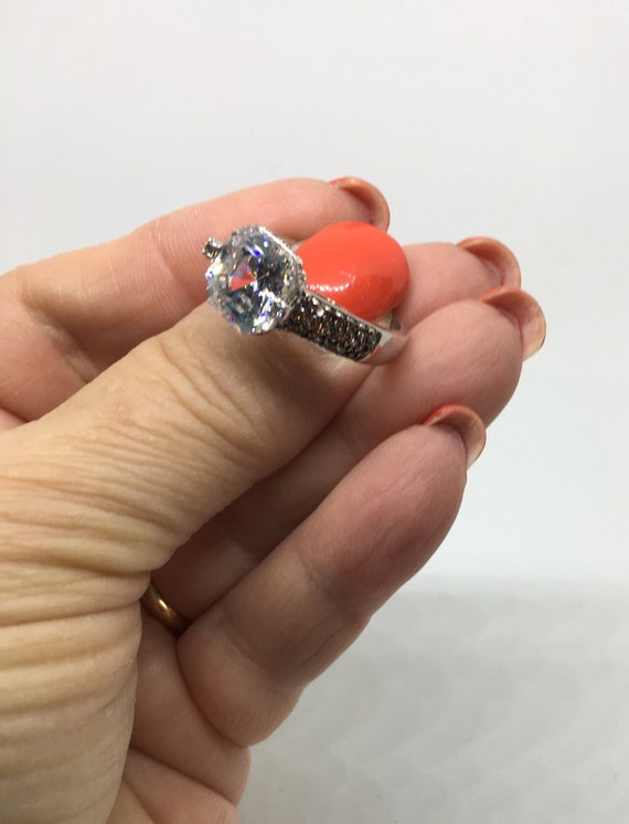 Sterling Silver Statement Ring: Huge Clear CZ, Pe… - image 3