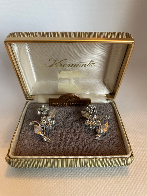 Vintage Krementz Rhinestone Earrings! 14K white g… - image 1