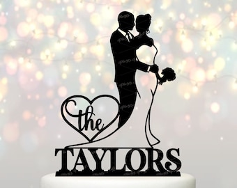 Silhouette Wedding Cake Topper - Groom embracing Bride with Last Name - PP68