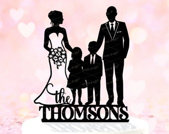 Silhouette de famille Gâteau de mariage Topper | Mariée, marié et enfants ~ Décoration de gâteau de mariage familiale en acrylique détaillée personnalisée avec enfants (PP45)