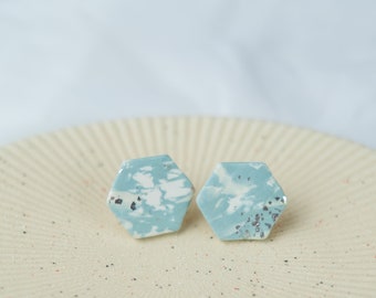Blue Hexagon Stud Earrings, Handmade Hypoallergenic Studs for Sensitive Ears, Beachy Jewelry for Her, Baby Blue Baby Shower Jewelry