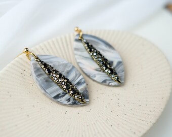Black Jeweled Marbled Earrings, Handmade Hypoallergenic Statement Earrings Polymer Clay, Moody Dark Statement Dangles with Jeweled Charm