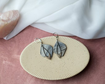Black Jeweled Marbled Earrings, Handmade Hypoallergenic Statement Earrings Polymer Clay, Moody Dark Statement Dangles with Jeweled Charm