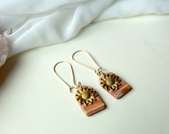 Sunflower Hoop Earrings, Floral Charm Earrings, Polymer Clay Jewelry, Southwest Earrings, Botanical Gold Hoop Earrings