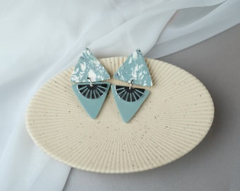 Geometric Triangle Statement Earrings, Cool Blue and Silver Dangles, Handmade Hypoallergenic Jewelry for Modern Boho Woman, Silver Charm
