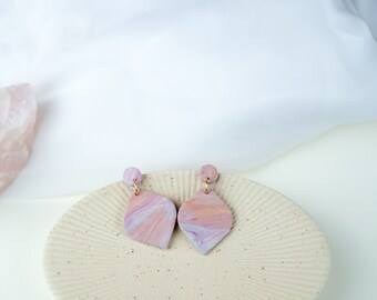 Hypoallergenic Marble Pink Clay Earrings, Handmade Cute Statement Earring Gift for Her, Romantic Lightweight Jewelry made with Polymer Clay