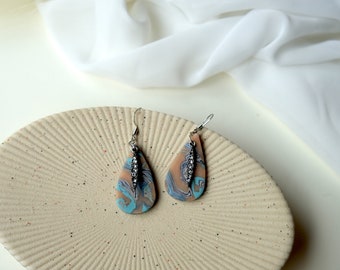 Beachy Marbled Earrings with Super Light Clay, Homemade Jewelry for Desert Oasis Vibes, Marbled Blue Earrings with Small Charm