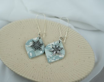 Snowflake Winter Pale Blue Earrings, Lightweight Clay Statement Jewelry for Her, Handmade Hypoallergenic Earrings for Holiday Season