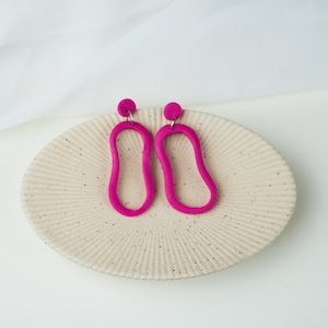 Funky Pink Oval Earrings, Handmade Hypoallergenic Statement Jewelry for Her, Cool Fuchsia Abstract Dangle Drop Design, Holiday Gifts  2022
