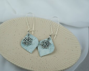 Snowflake Winter Pale Blue Earrings, Lightweight Clay Statement Jewelry for Her, Handmade Hypoallergenic Earrings for Holiday Season