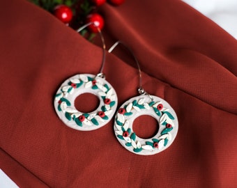 Holiday Wreath Statement Earrings, Homemade Jewelry with Super Light Clay,  Christmas Aesthetic Earrings for Modern Woman, Snowy Jewelry