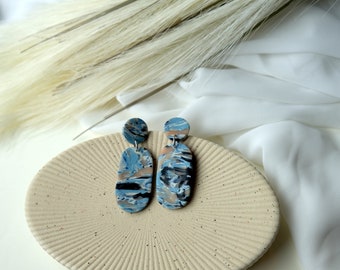 Ocean Earrings, Blue Lover Gift, Super Light Clay Statement Earrings for Her, Great Gift for Beachy Bride, Blue Marble Swirled Earrings