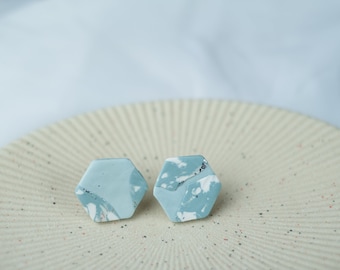 Blue Hexagon Stud Earrings, Handmade Hypoallergenic Studs for Sensitive Ears, Beachy Jewelry for Her, Baby Blue Baby Shower Jewelry