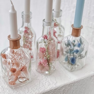 Taper Candle Holder Set of 2, Glass Candlestick Holder with Dried Flowers, Wedding Decor, Flower Bottle, Home Decor, Mothers Day Gift